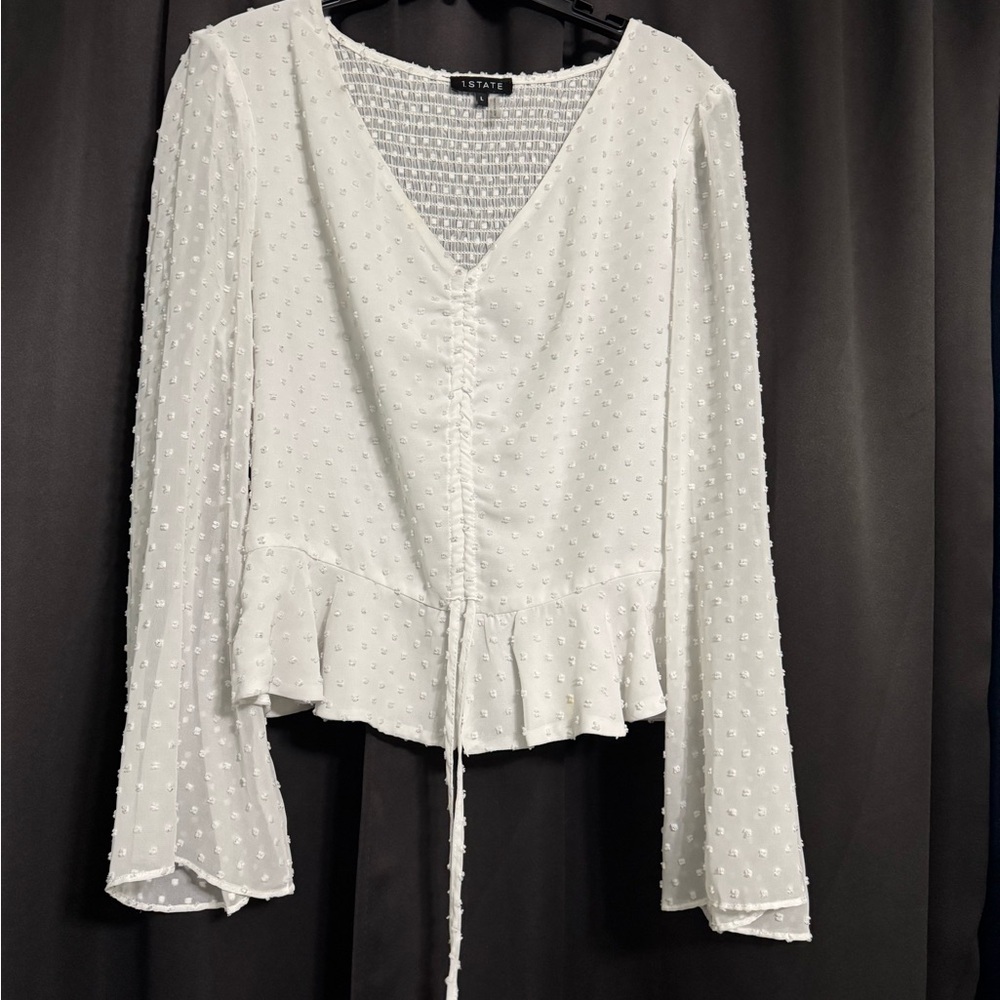 White Ruched Bell Sleeve Blouse